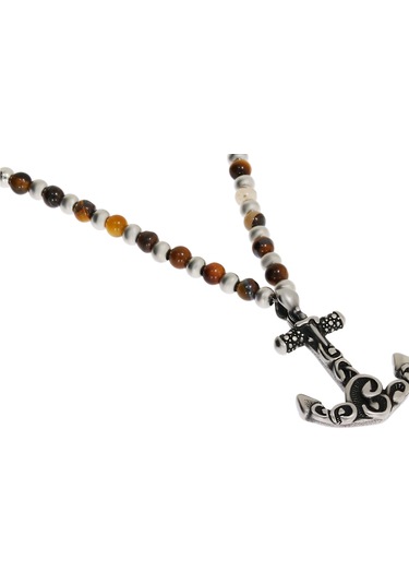 Erkek Çapa Model Kahverengi Boncuk Detay Çelik Kolye Gümüş