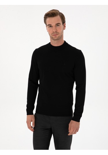 Cacharel Siyah Slim Fit Yün Karışımlı Çeyrek Balıkçı Basic Triko Kazak