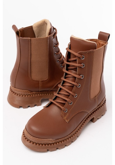 2051-298 Taba Düz Topuklu Bağcıklı Lastikli Günlük Kadın Bot Acı Kahverengi