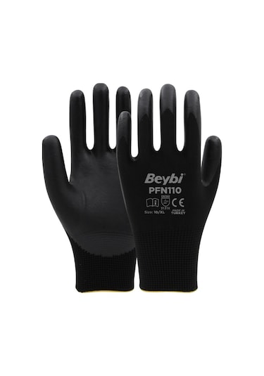 PFN110 9 Beden Siyah Polyester Örgü Üzeri ½ Köpük Nitril Kaplı Eldiven 12li Paket En388 (3131X)