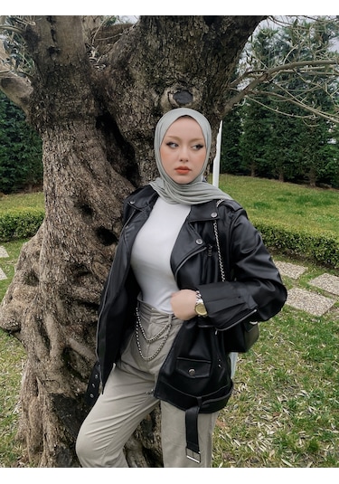 Kadın Siyah Oversize içi Kürklü Kemerli Biker Deri Ceket Siyah