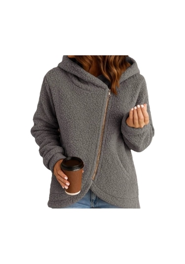 Edwardest Kadın Uzun Kollu Fermuarlı Shearling Kapüşonlu Mont Gri