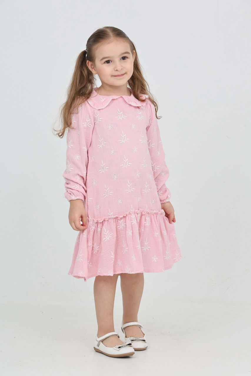Toontoy Kız Çocuk Çiçek Nakışlı Bebe Yaka Elbise Açık Pembe