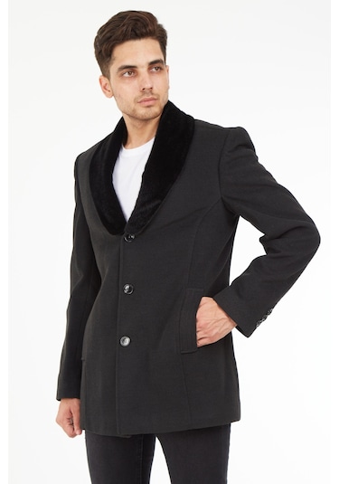 Sposo 1661 Yaka Kürkü Çıkmalı Yünlü Kaşe Füme Erkek Kaban Füme