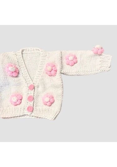 Uretti - Gülnur 2184 - El Örgüsü Pembe Çiçekli Kız Çocuk Hırka 2 Yaş - Beyaz Beyaz