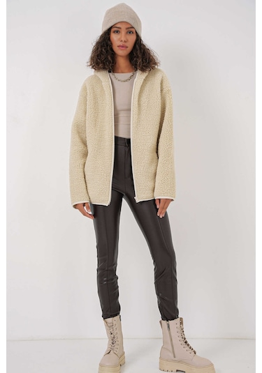 Gabria Kapüşonlu Fermuarlı Hırka Taş