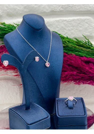 925 Ayar Gümüş Pembe Kuvars Taşlı Özel Tasarım 3 Lü Trend Kadın Takı Seti Gümüş
