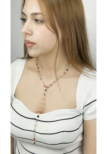 Y Kolye, Çok Renkli 384, Kasa Altın Renk Altın