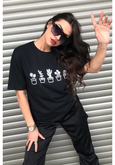 Modagen Kaktüs Baskılı Siyah Kadın Oversize T-shirt K Siyah