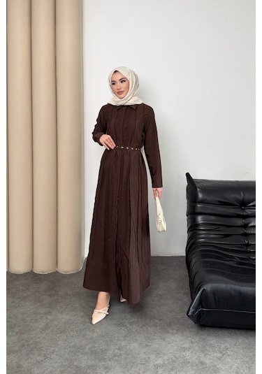 Mihran Butik Quenn Model Coupra Model Kumaş Kemer Detaylı Elbise Kahverengi