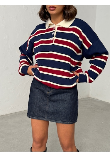 Kadın Polo Yaka Çizgili Triko Kazak Lacivert