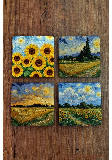 Doğal Taş Bardak Altlığı - Van Gogh Aı Eserleri Baskılı 10x10cm Yapay Zeka Stone Coasters 478 Çok Renkli