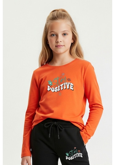 Yuvarlak Yaka Stay Posıtıve Baskılı Kız Çocuk Alt-üst Takım Turuncu