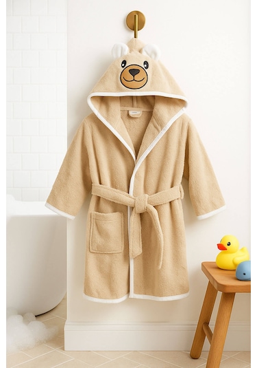 Kapşonlu Hayvan Desenli Çocuk Banyo Deniz Plaj Bornozu %100 Pamuklu Bej