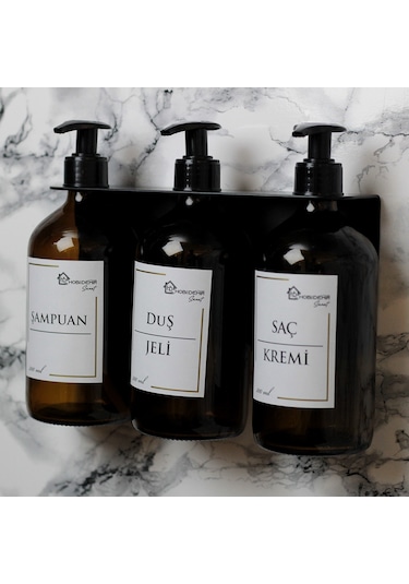 3'lü Set 500ml Amber, Şampuan, Saç Kremi, Duş Jeli Etiketli Şişe