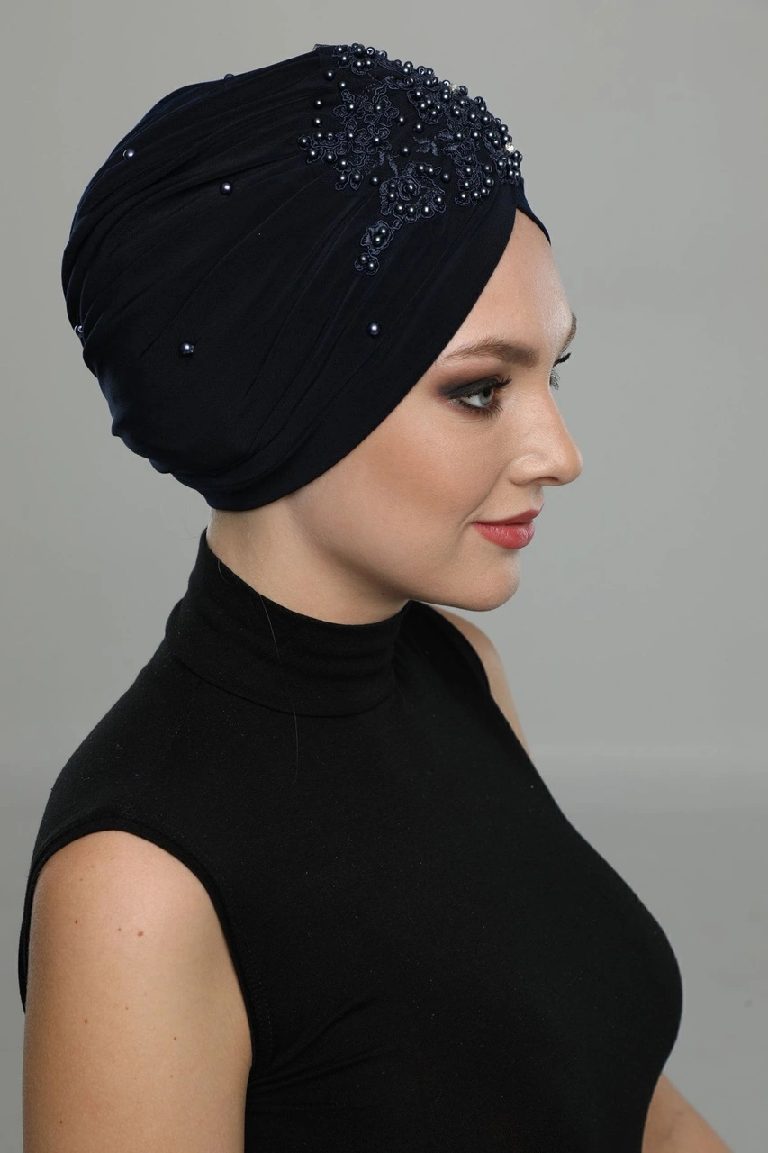 Kopma Astarlı Işlemeli Lacivert Dantel Motifli Hazır Türban Tesettür Abiye Bone Lacivert Dantel