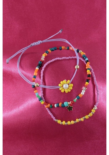 3lü Yıldızlı Çiçekli Boncuklu Asansörlü Bileklik. Lastikli Bileklik, Kadın İp Bileklik Halhal. Çok Renkli