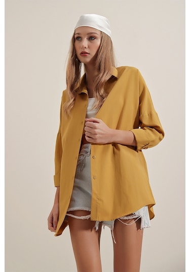 Bigdart 3900 Oversize Uzun Basic Gömlek - Hardal 001