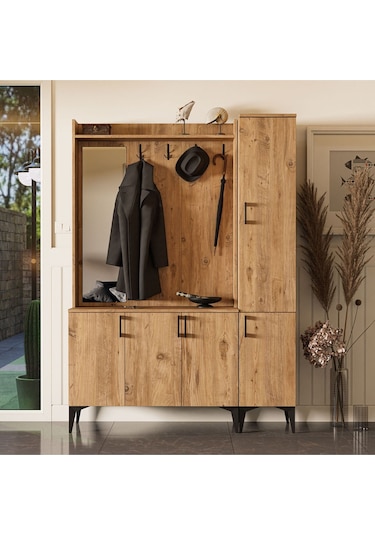 Set 5100-5102 Inca Sol Aynalı 5 Kapaklı 4 Askılı Raflı Portmanto Atlantik Çam Çam