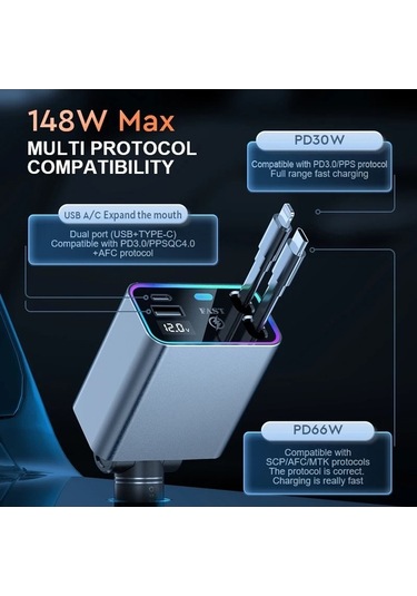 Zyzqstore 148w Pd 66w Araba Şarj Cihazı, Katlanabilir Araç Çakmak Adaptörü, 1 Adet 1 Adet