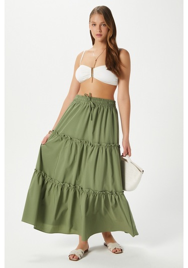 Kadın Elanora Haki Astarlı Katlı Poplin Etek Haki