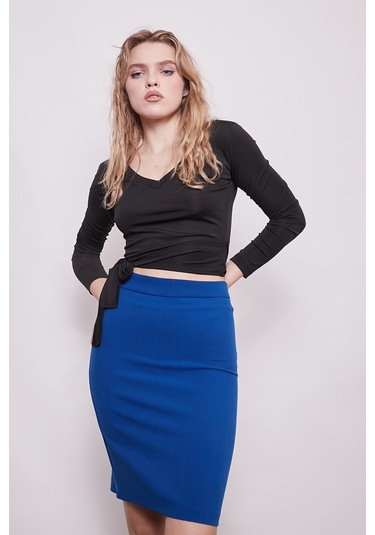 Yüksek Bel Diz Üstü Kumaş Kalem Etek-Sax