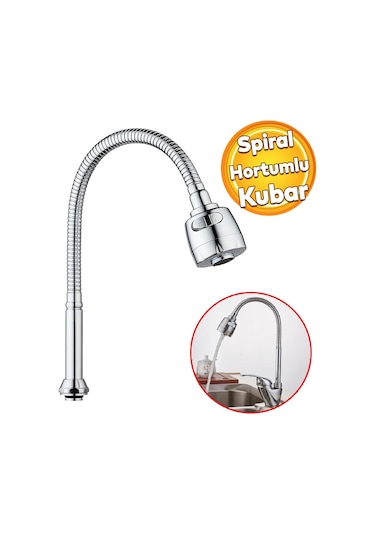 Musluk Batarya Kuğu Evye Borusu Spiral Hortumlu Krom Renk 2 Gümüş