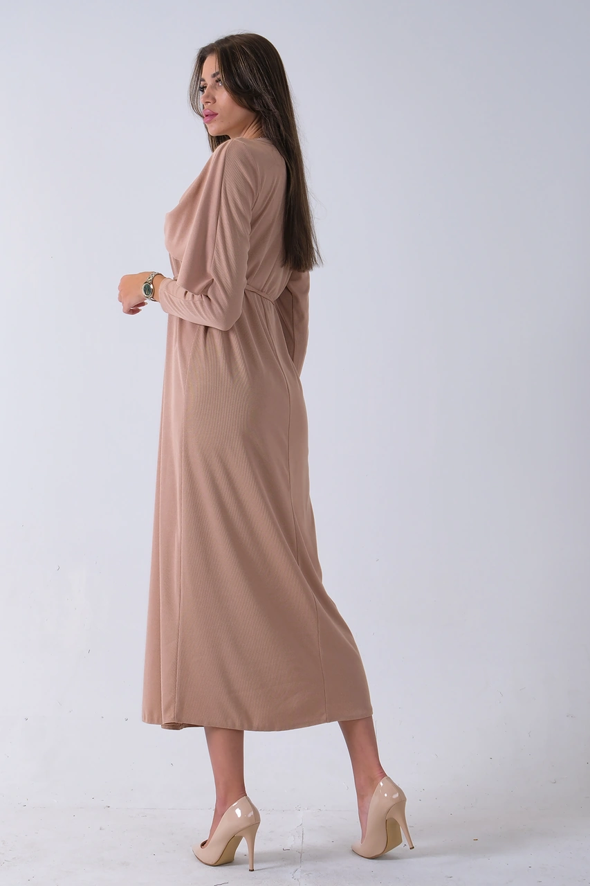 Feminist Bej Bisiklet Yaka Kendinden Şal Detaylı Broşlu Bel Bağlamalı Elbise 4571580.55 Bej