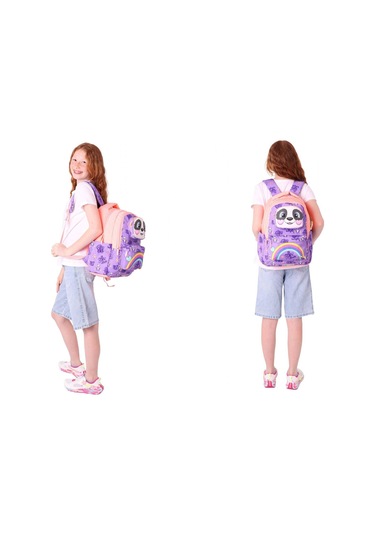Kaukko Kız Çocuk 3d Panda Şekilli Mor Somon Okul Sırt Çantası Ve Isı Yalıtımlı Beslenme Çantası Seti Mor