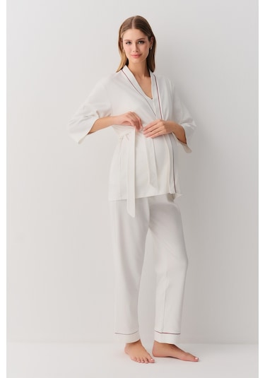 Suwen Pearl 3 Parçalı Hamile Lohusa Pijama Takımı Sh26212660t036 Ekru