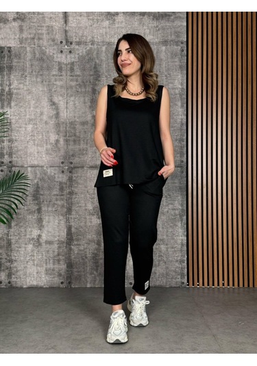 Ahes Shopping Kadın Askılı Yuvarlak Yaka Viskon Iki Iplik Bluz Ve Eşofman Altı Ikili Takım Siyah