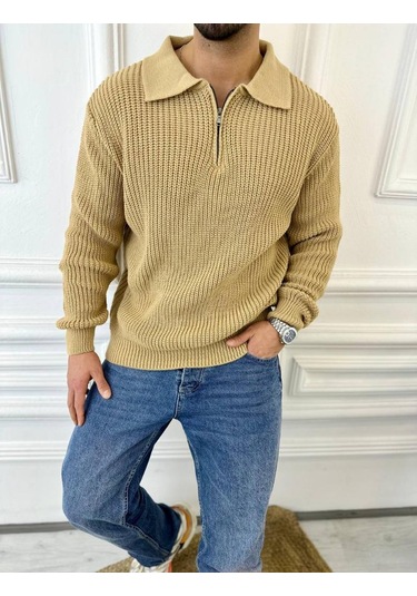 Kazak Oversize Tüylenmez Naturel Pamuk Fermuarlı Polo Yaka Örme Triko Kazak Kahverengi
