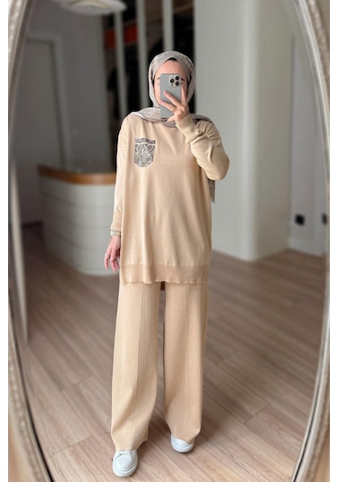 Ka Hijab Taşlı Cep Merserize Takım - Sütlü Kahve