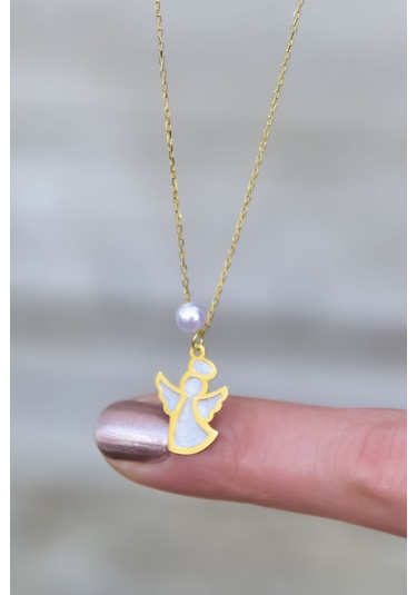 925 Ayar Gümüş Gold Kaplama Parlayan Rüya Serisi Tasarım Incili Beyaz Ebruli Cam Boyalı Melek Kolye