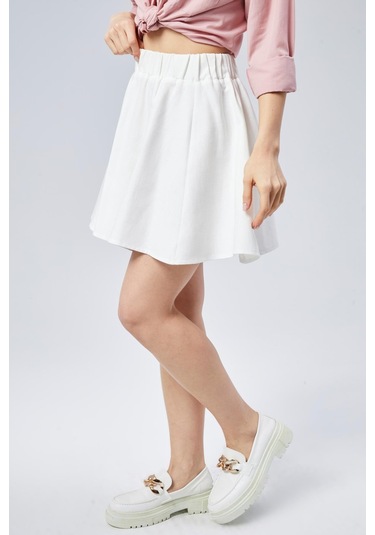 Nurören Flamlı Keten Parçalı Kısa Kloş Kadın Etek-beyaz-02 Beyaz