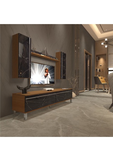 Decoraktiv Eko 7 Mdf Std Krom Ayaklı Tv Ünitesi Tv Sehpası Ceviz - Siyah Mermer