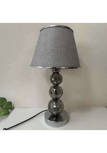 Mooncher Cam Gövdeli Krom Metal Abajur Gümüş Şeritli Gri Kumaş Başlık Gece Lambası Krom