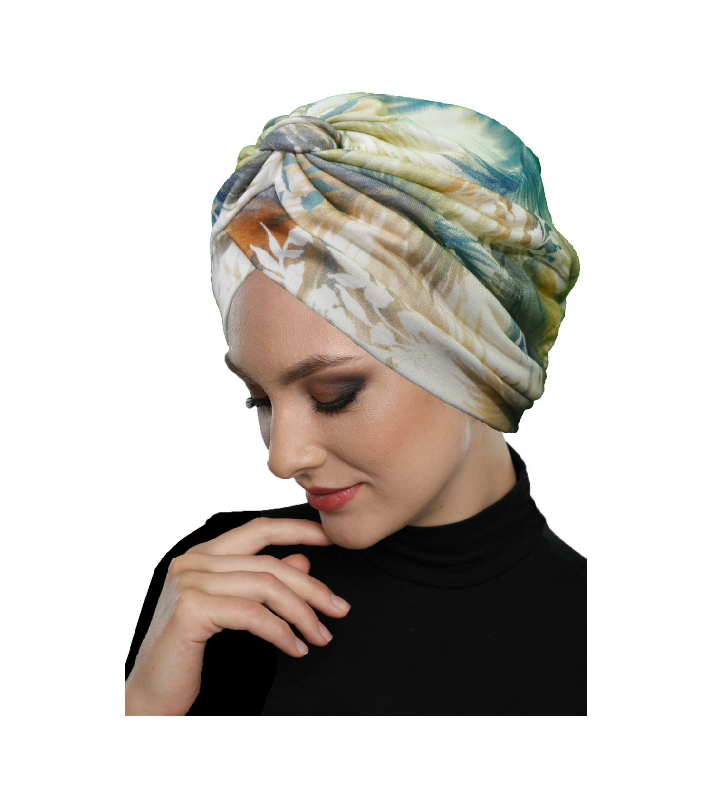 Mira Model Renkli Desenli Çapraz Ve Bant Detaylı Astarlı Hazır Türban Tesettür Havuz Bonesi Bej