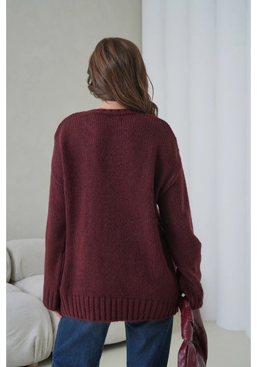 Kadın Bisiklet Yaka Yumuşak Dokulu Oversize Triko Kazak 3032 Bordo