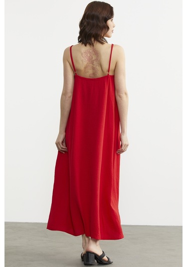 Ayarlanabilir Askılı Uzun Krep Elbise - Kırmızı 001
