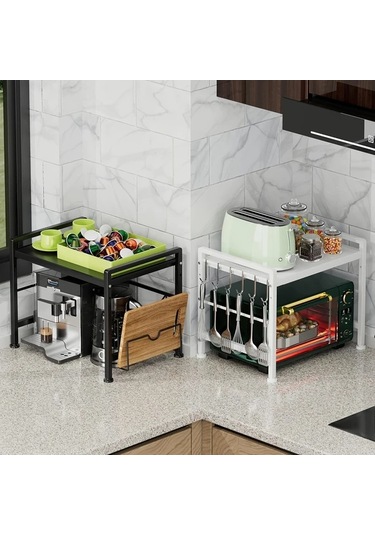 Honeybeeshop Beyaz 38 66cm 2 Katmanlı Genişletilebilir Mikrodalga Rafı Metal Mutfak Tezgahı Depolama Rafı 6 Saç Tokası İle Pratik Ev Mutfak Çözümü