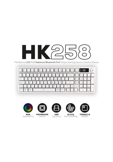 Hk258 Membrane Lcd Rgb Kablosuz/bluetooth Beyaz Full Türkçe Gaming Oyuncu Klavye