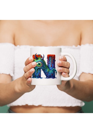 N Harfi Bardak, Sevimli Canavarlar Harflı Bardak Hediyesi Porselen Beyaz