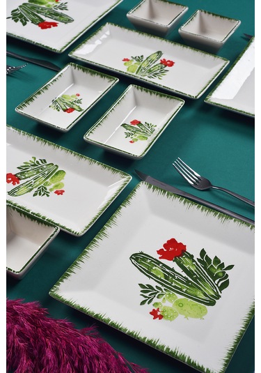 Piatti Naturali 12 Parça 4 Kişilik Kaktüs Kahvaltı Takımı Handmade Sunum Set Çok Renkli