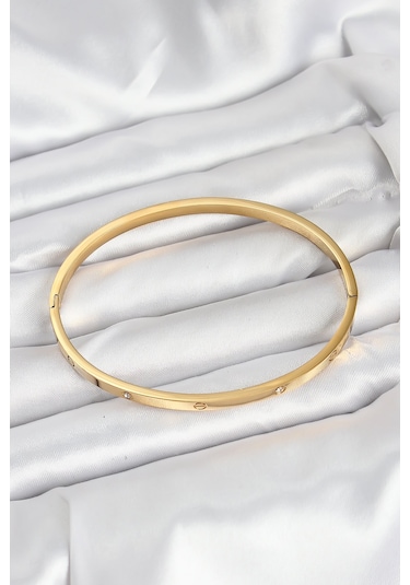 Zarif Kadın İçin Golden Çelik Zirkonlu 65mm İnce Kelepçe Bileklik Gri