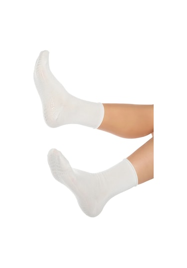Bambu Kaydırmaz Taban Silikon Baskı Hac Umre Tavaf Hamile Diyabet Pilates Yoga Lastiksiz Çorap 3'lü Beyaz