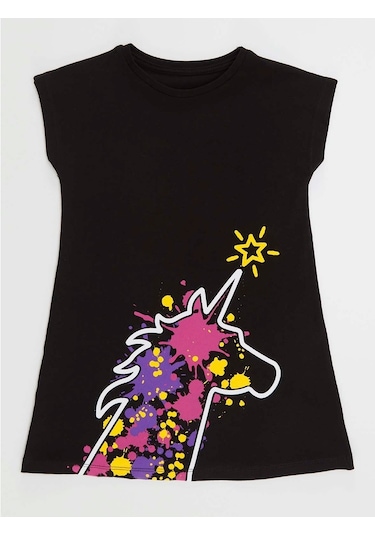 Denokids Mushi Unicorn Splash Kız Çocuk Elbise Siyah