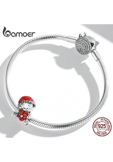 Bamoer 925 Ayar Gümüş Noel Ayı Aşk Kolye Kadınlar İçin Fit Bilezik Ve Bileklik Noel Hediyesi Gümüş