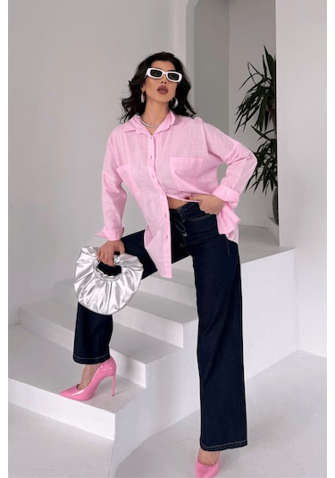 Paw Garage Kadın Harper Çift Cepli Oversize Keten Gömlek, 2025 Summer Collection Pembe