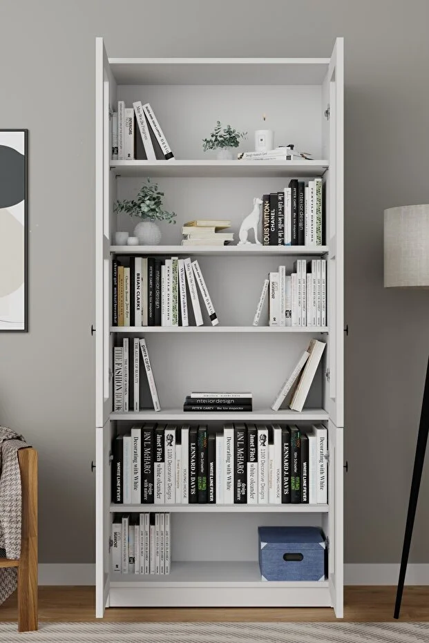 Lisa Kumaş Desenli 4 Kapaklı Beyaz Vitrin - Kitaplık Ve Çok Amaçlı Dolap Beyaz